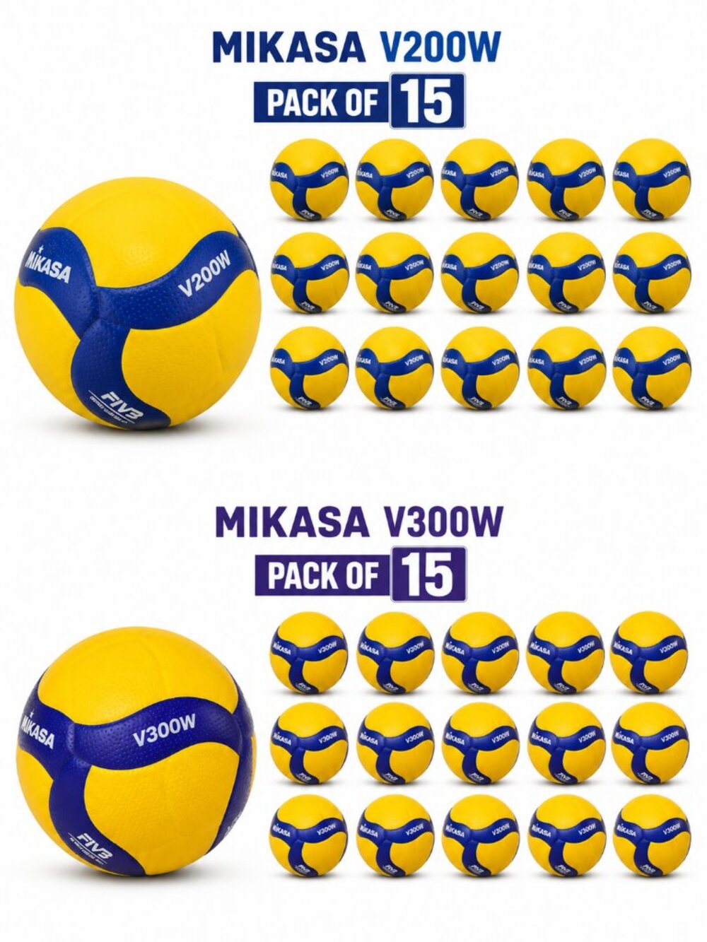 Mikasa V200W & V300W FIVB Volleyballs, Blue/Yellow, Pack of 15 Each